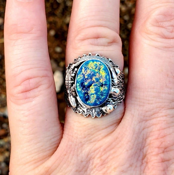 New Unique Blue Titanium Druzy Lizard Silver Ring. - Picture 11 of 12